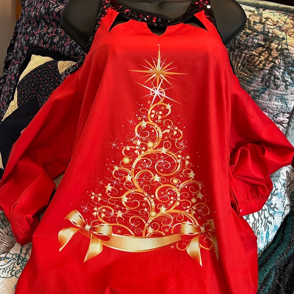 Festive Red and Gold Women's Bare Shoulder Top with Bling Hems.